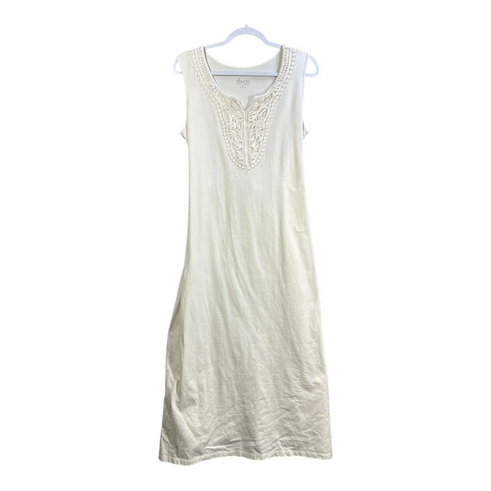 Denim & Co Crochet Accent Maxi Dress Womens LP Cream Petite Boho Coastal Summer